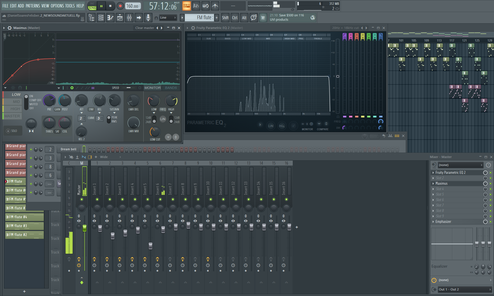 Maximus and Fruity Parametric EQ 2 on the master channel of the K.A.V.A. soundtrack