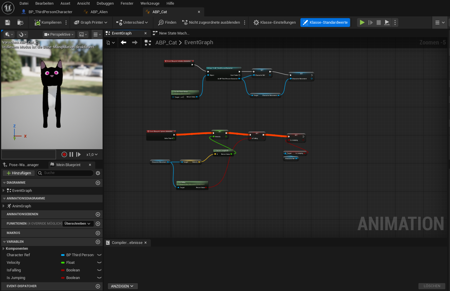 Event graph of the cat animation blueprint