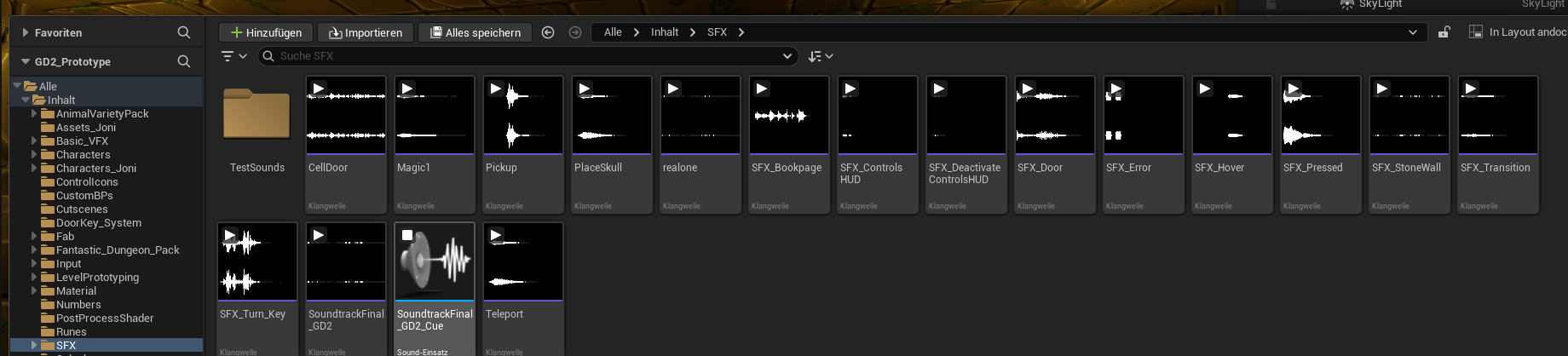 Unreal Engine content browser with the SFX folder of the K.A.V.A. sounds