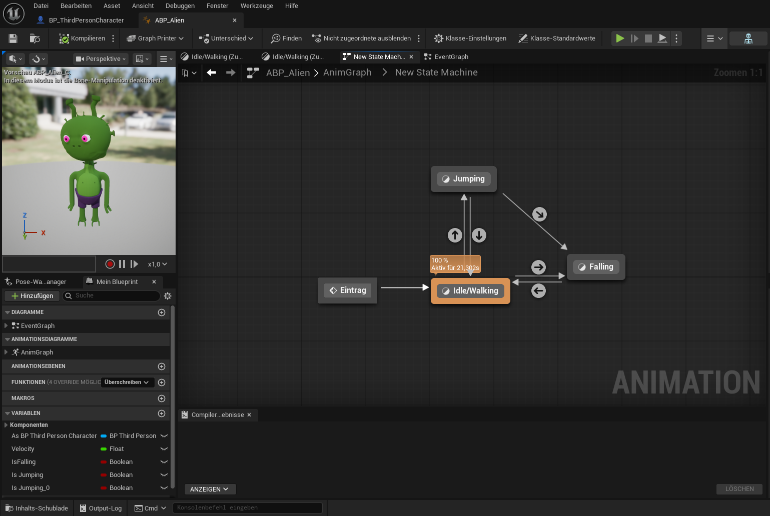State machine of the alien animation blueprint with the states idle/walking, jumping and falling