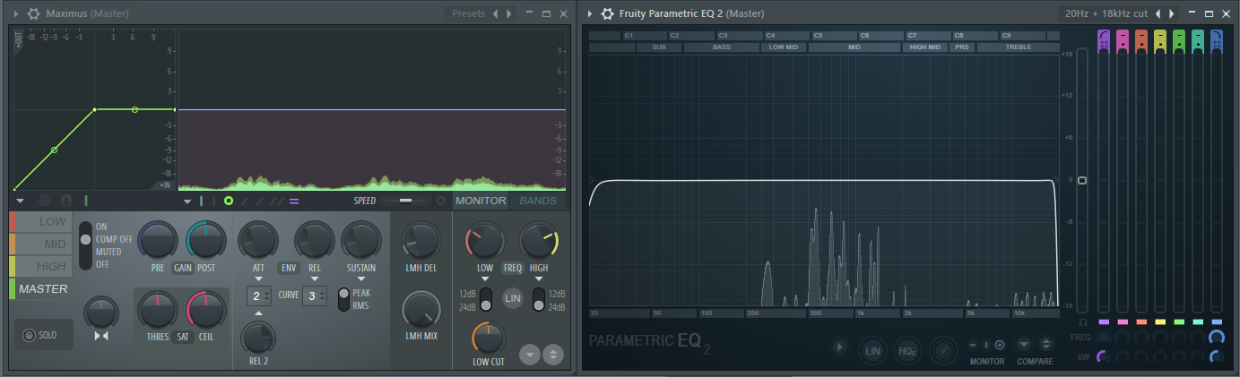 Maximus and Fruity Parametric EQ 2 on the master channel