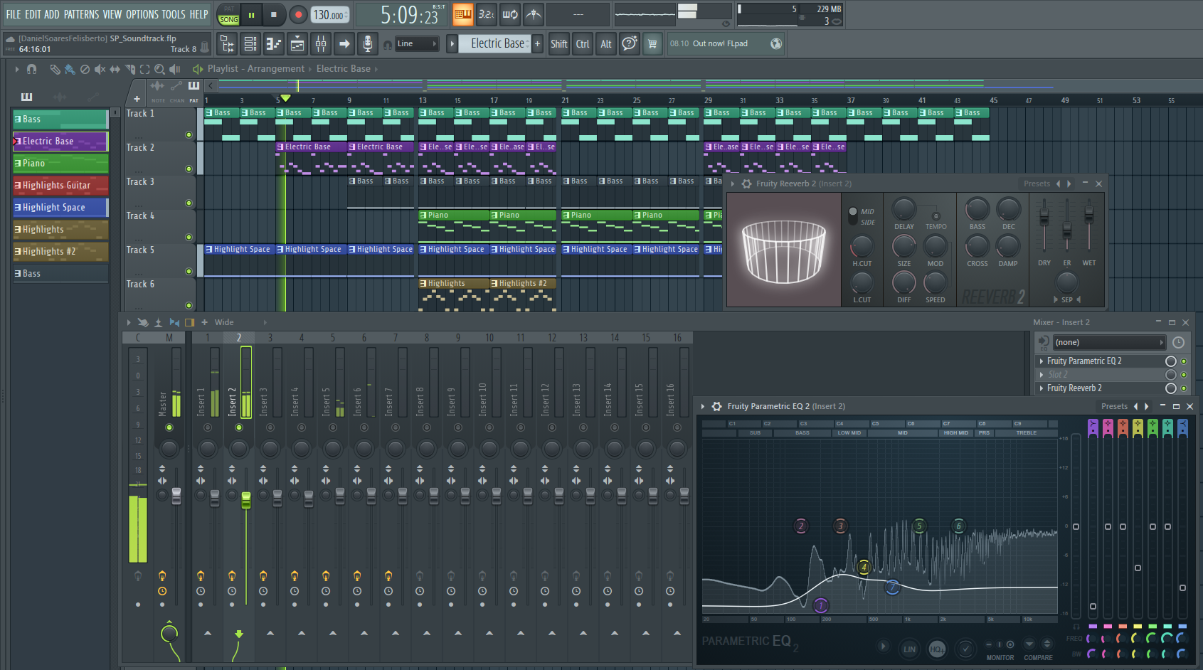 FL Studio with the Fruity Reverb 2, Fruity Parametric EQ 2 and the mixer