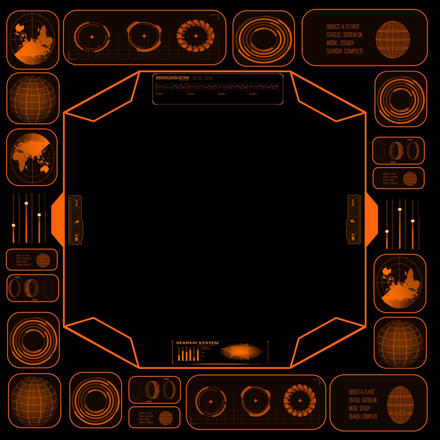 Orange holo screen design with a frame of radar and status panels