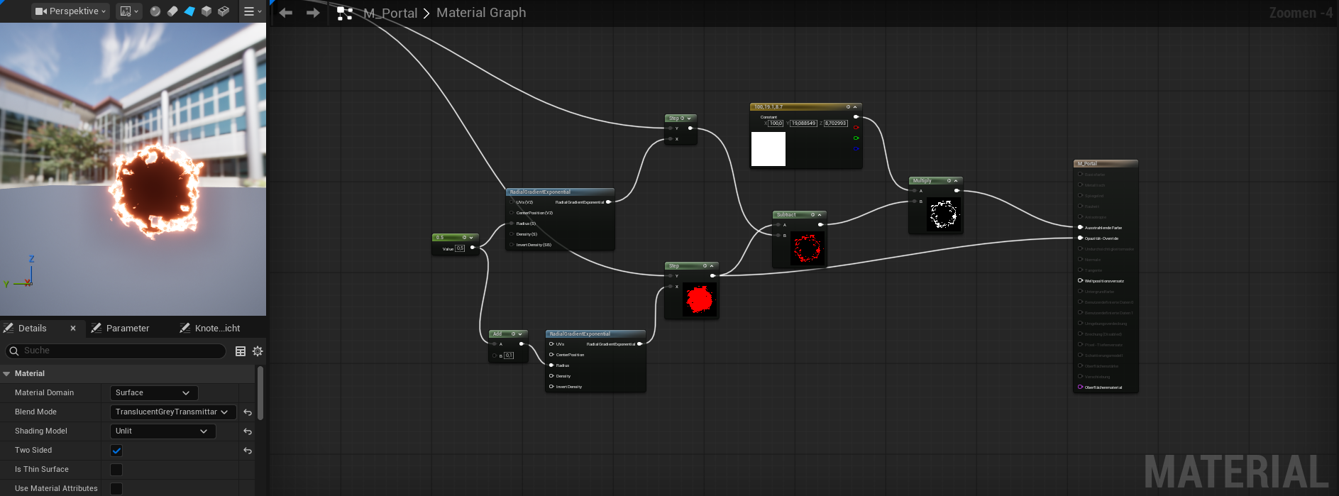 Unreal material graph M_Portal that turns the pattern into the portal shape